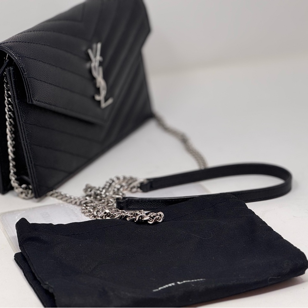💯💎Authentic💎 Saint Laurent Calfskin Envelope Black Leather Wallet On Chain - Picture 5 of 13